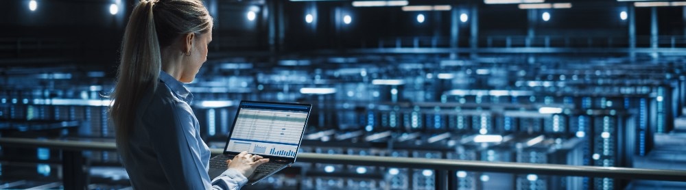 Female consultant working with laptop in a datacenter