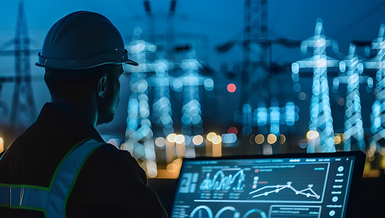 utilities engineer analyzing AI data on a screen with electricity pylons in background