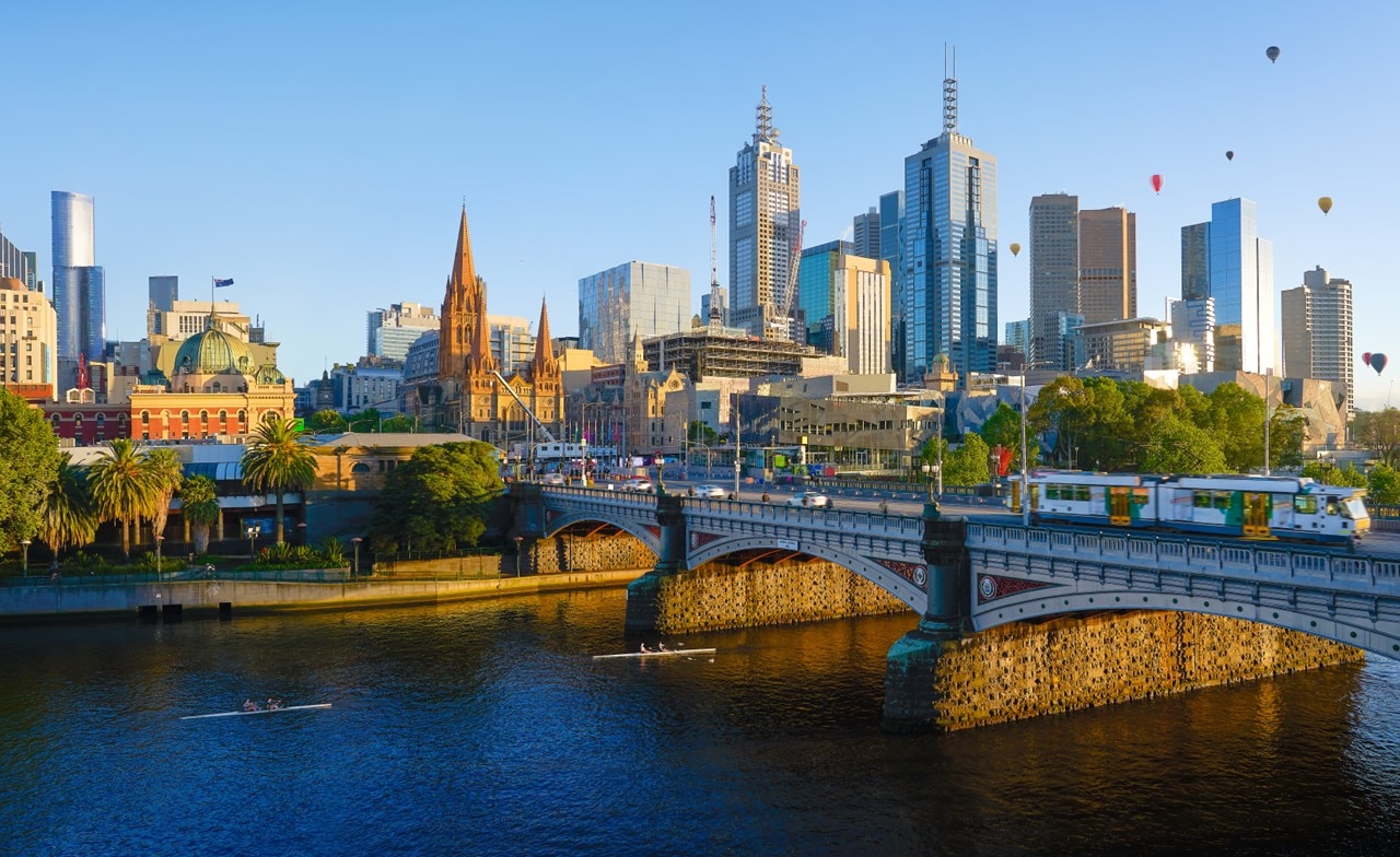 Melbourne skyline with tram in foreground 