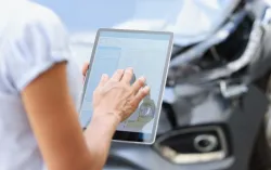 adjuster using tablet at car accident site