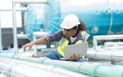engineer wearing a hard hat inspecting pipes in a plant with a tablet