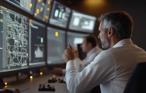 Engineers working on an energy control room interface