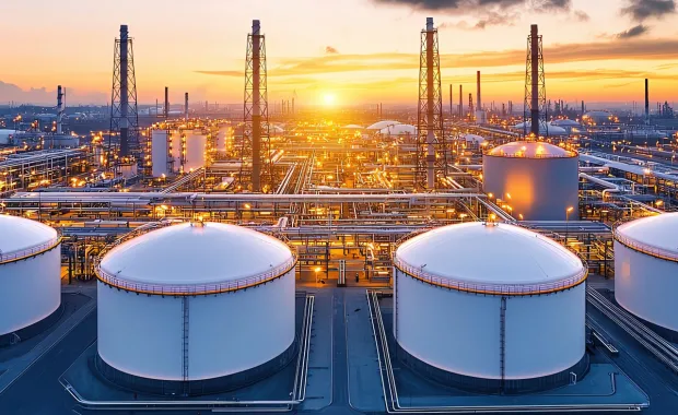 Large industrial oil and gas refinery at sunset with storage tanks and pipelines