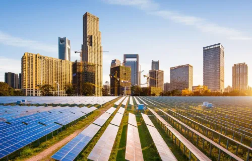 Sustainable development of solar power plant with Nanchang skyline 